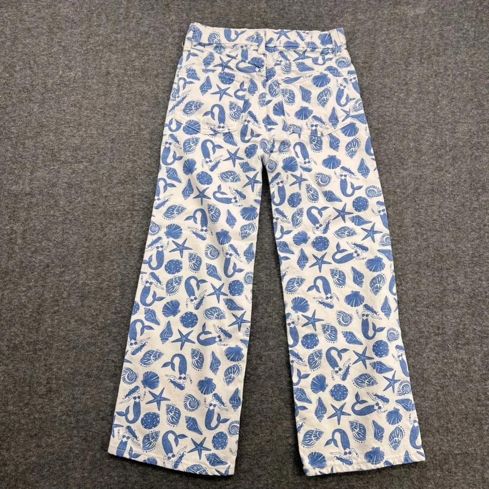 Old Navy Girls Blue White Mermaid Starfish Baggy Wide Leg Jeans Size 12
